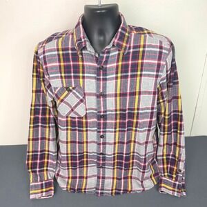 Red Camel Flannel Shirt Mens L Plaid Button Down Long Sleeve Grey Red Yellow